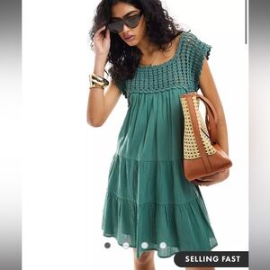 ASOS DESIGN crochet swing tiered mini dress in green